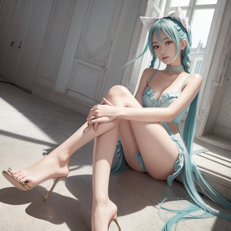 hatsune Miku、(ultra Realistic), (An illustration), (Highres), (8K), (highlydetailed), (the best illustration), (Beautiful Detailed Eyes), (beste Quality), (Super Detailed), (Master peace), (Wallpapers), (Detailed Face), solo, 1girl, Aristocratic dresses、White hair, Iris heterochromatic eyes, small moles under eye, medium chest, Long legs,Stunning composition,Foot braids,Beautiful and detailed legs