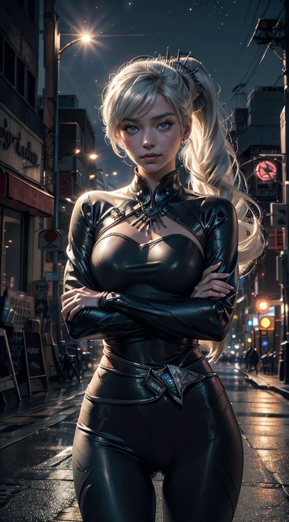 (masterpiece, stunning girlfriend, (standing:1.1), dynamic pose, heart shaped face, elegant face, beautiful face, highly detailed face, highly detailed skin, skin pores, subsurface scattering, realistic pupils, loving smile, looking at viewer, full face blush, full lips, detailed background, depth of field, atmospheric perspective, volumetric lighting, sharp focus, absurdres, realistic proportions, good anatomy, (realistic, hyperrealistic:1.4), 16k hdr, (masterpiece, best quality:1.2), cowboy shot, solo, 1girl, weiss schnee, serious, closed mouth, looking at viewer, crossed arms, side ponytail, scar across eye, t-shirt, yoga pants, cyberpunk city, neon signs, street, crowd, night. moon, moonlight, street lights, shop lights, car lights