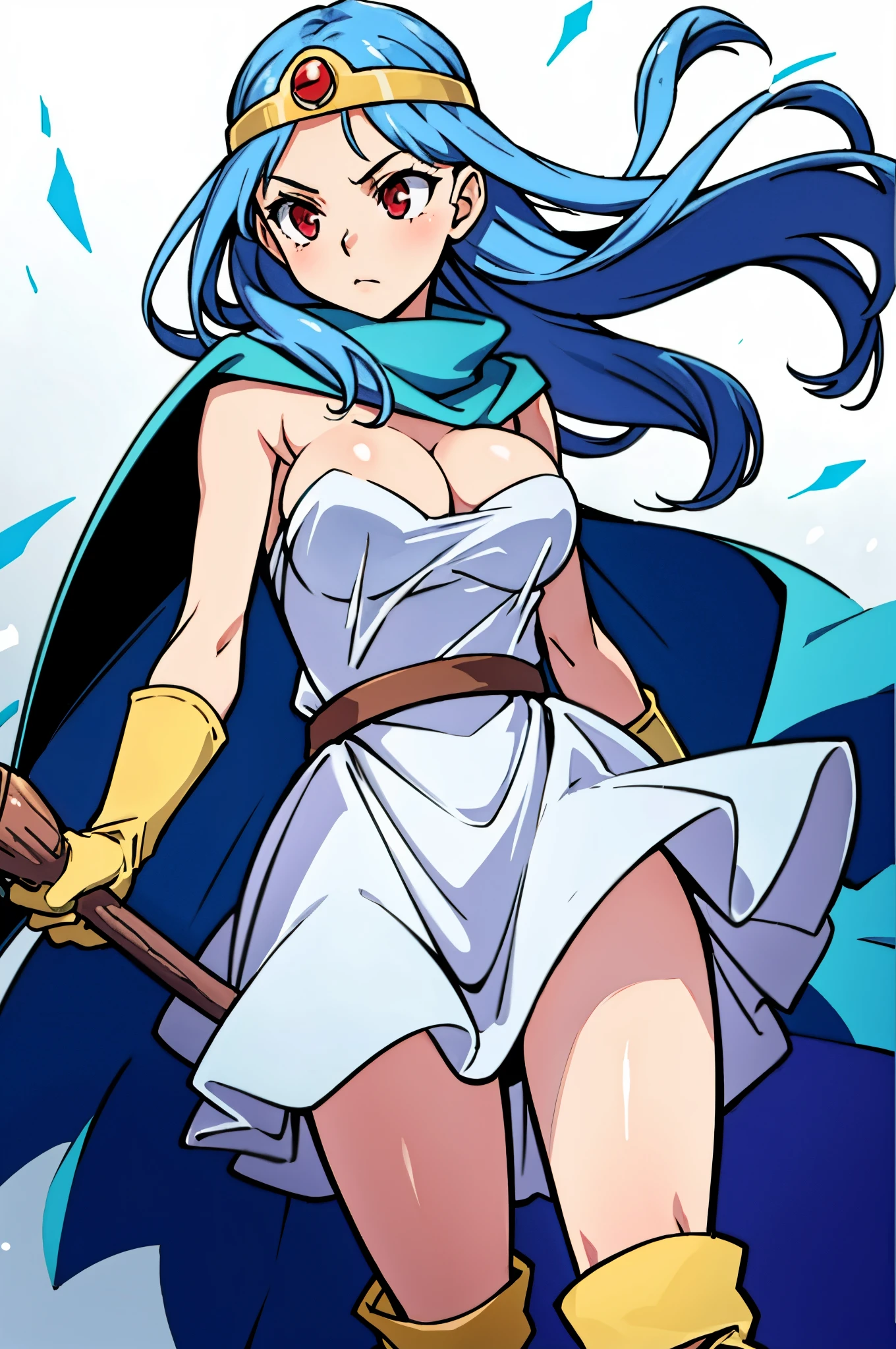 masutepiece, Best Quality, Ultra-detailed, Illustration, sage_(DQ3), 1girl in, (holding A staff, A staff:1.3), Solo, Long hair, Blue hair, circlet, Red Eyes, normal breast, yellow gloves, White Dress, Belt bag, Cape, long boots, cleavage, Bare shoulders, Underwear, , , tussock, wind lift,  Background, white Background