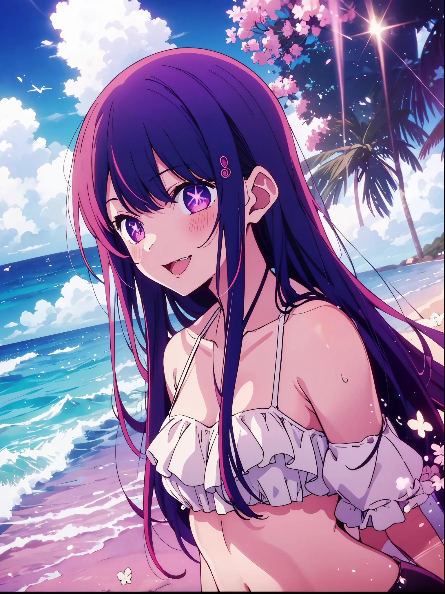 (masterpiece:1.3), (best quality:1.1), (8k, ultra detailed, ultra high res:1.2), (anime style:1.2), (perfect 5 fingers:1.1), perfect anatomy,
1girl,
Ai Hoshino,
BREAK long hair,
black hair,
purple eyes, star-shaped pupils,
BREAK smile, fair skin, bandeau bikini, blue bikini,
BREAK looking at viewer, hand on own chest,
cowboy shot, natural light, outdoor, outside, sea, beach, sky, summer,