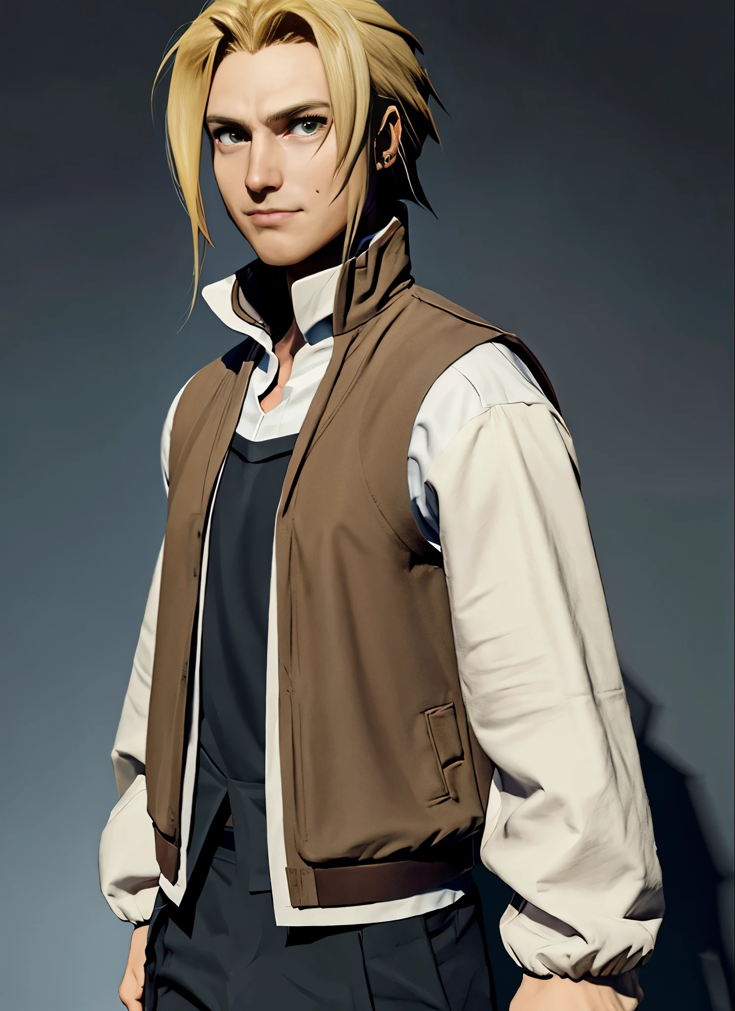 ((Masterpiece,Best quality, Detailed)), realistic, hyper realistic, Sombre, 1boy, Edward Elric, serious, Regarder le spectateur,  veste, (Marron_manteau,long Manches:1), Closed_bouche, manteau collar, (Collier_chemise,white chemise:1), Marron sweater vest, Gants, long_cheveux, long_Manches, long_cheveux,Queue, realism,