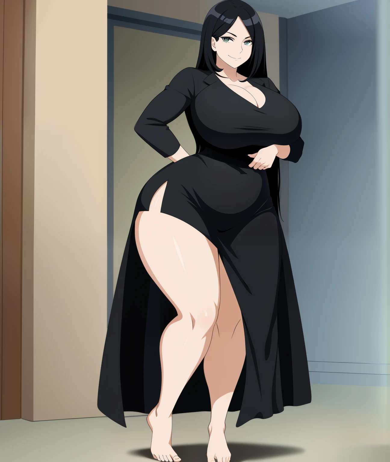 A woman in a black outfit, black hair, long hair, barefoot, strong, curvy, busty, smirk, thick thighs, full-body view