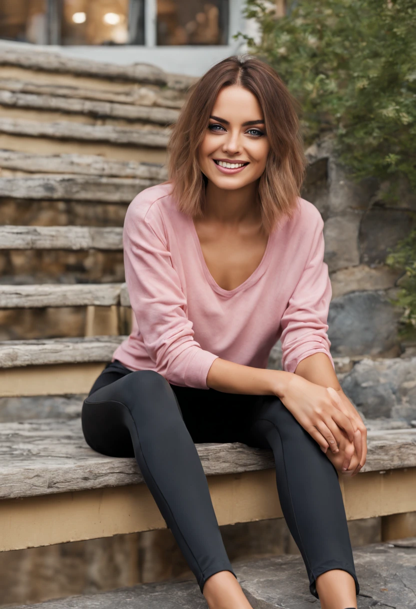 ultrarealistic high quality photo of a beautiful young busty european woman with cute face and brunette with dyed pink-white streaks long messy bob and beautiful smile, round steel-blue eyes, basic shirt with black leggins and ankle boots, full body outdoor photography, relaxing in the living room