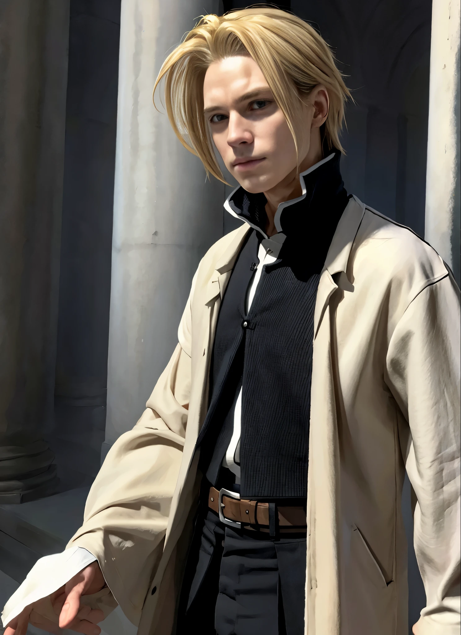 ((Masterpiece,Best quality, Detailed)), realistic, hyper realistic, Sombre, 1boy, Edward Elric, serious, Regarder le spectateur,  veste, (Marron_manteau,long Manches:1), Closed_bouche, manteau collar, (Collier_chemise,white chemise:1), Marron sweater vest, Gants, long_cheveux, long_Manches, long_cheveux,Queue, realism,