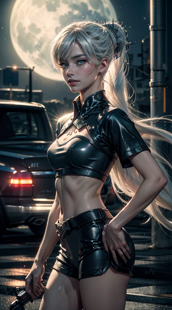 a beautiful attractive slender female humanoid android, long white wavy hair, gray eyes, extremely detailed face and eyes, beautiful detailed lips, worn gray overcoat, worn black ripped pants, futuristic city background, cinematic lighting, intricate details, 8k, photorealistic, concept art