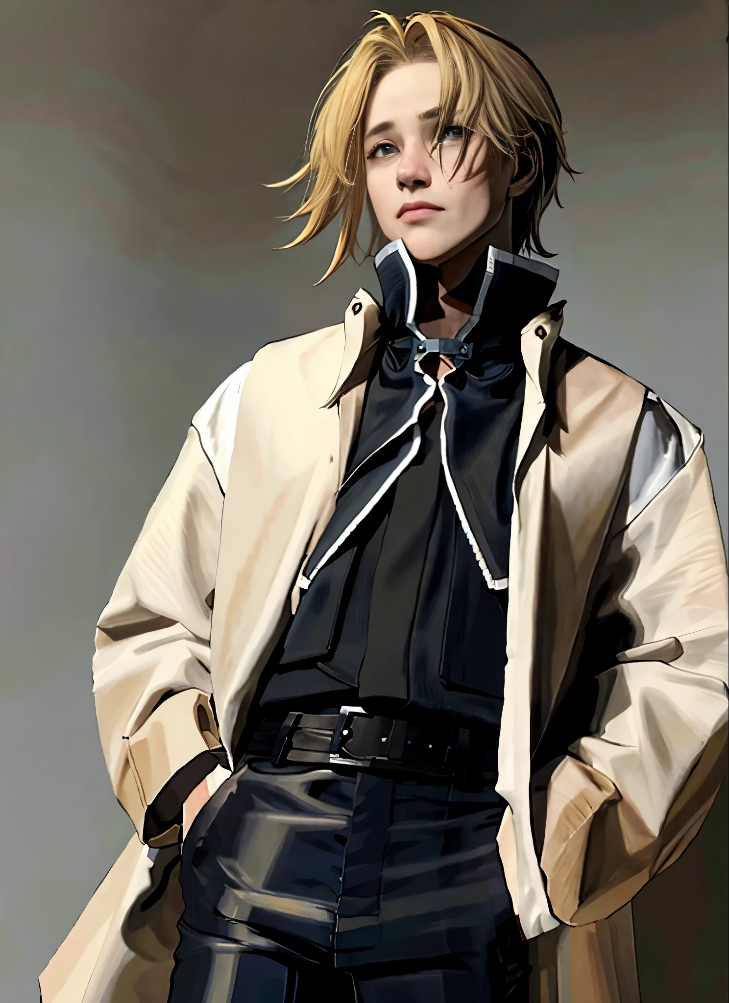 ((Masterpiece,Best quality, Detailed)), realistic, hyper realistic, Sombre, 1boy, Edward Elric, serious, Regarder le spectateur,  veste, (Marron_manteau,long Manches:1), Closed_bouche, manteau collar, (Collier_chemise,white chemise:1), Marron sweater vest, Gants, long_cheveux, long_Manches, long_cheveux,Queue, realism,