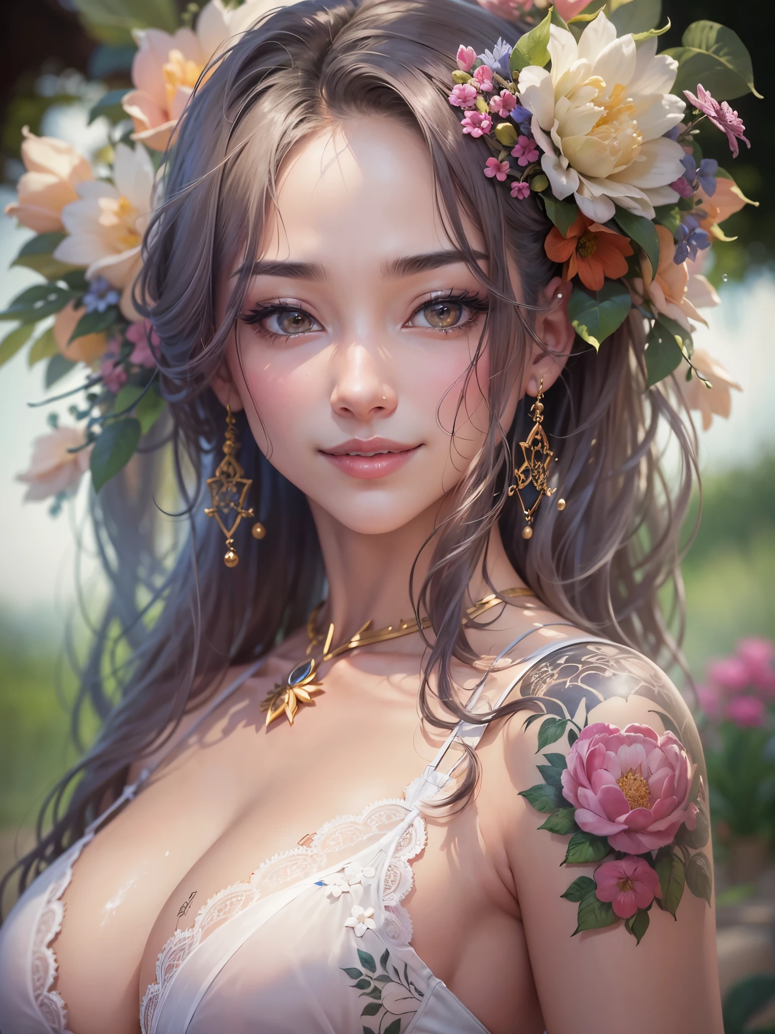 ((Finest quality)),(超A high resolution),(ultra-detailliert),(Meticulous portrayal),((Best CG)),(Finest works of art),Ultra-Precision Art,The art of astounding depiction,(Art with precise depiction in every detail:1.5), (1人の女性:1.5),Beautiful and well-groomed face:1.6,Look here with a smile:1.6,Exquisitely detailed lingerie:1.6,Flower tattoo:1.6,piercings:1.5
