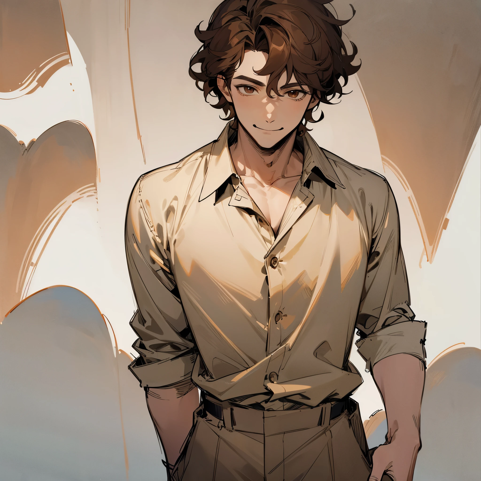 "Stunningly detailed anime sketch of a solo ((toned)) A caucasian male with a creepy mischievous smile across his face with brown eyes and brown curly hair hair to his neck wearing a brown shirt with white pants standing up looking down"