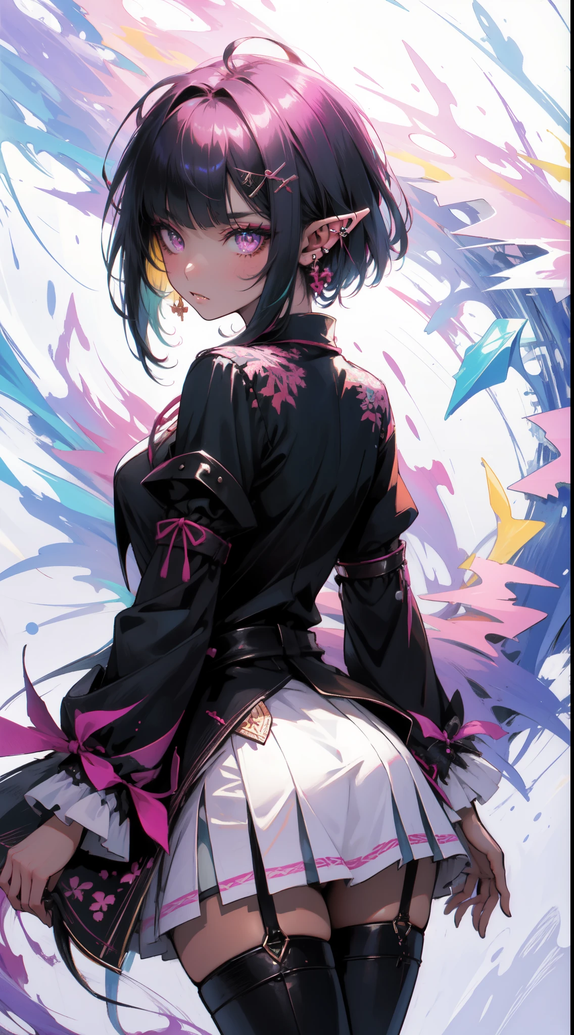 (masterpiece, top quality, best quality, official art, beautiful and aesthetic:1.2), ((dark elf)), ((1girl)), extreme detailed, (fractal art:1.3),colorful,highest detailed, portrait, from behind,  in the style art by Artgerm, by wadim kashin, by Kawacy, by Yoshitaka Amano, BREAK, insanely detailed face, details eye, Blunt bangs, white hair, (hair between eye), eyelashes, violet eyes, eyeshadow, pink eyeshadow, (Dark skin:1.1), BREAK, corsages, jirai kei, (jirai kei fashion:1.1), Frills, Skirts, Various accessories, (ear piercing), punky style, Japanese subculture, fashion, Stockings, colorful, (Dark circles:1.2),