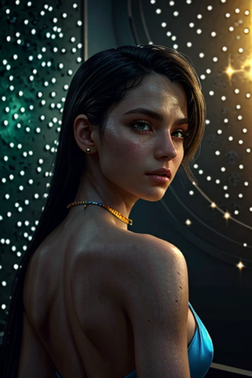 (RAW photo, best quality), (realistic, photo-Realistic:1.3), best quality, masterpiece, beautiful and aesthetic, 16K, (HDR:1.4), high contrast, (vibrant color:1.4), (muted colors, dim colors, soothing tones:0), cinematic lighting, ambient lighting, sidelighting, Exquisite details and textures, cinematic shot, Warm tone, (Bright and intense:1.2), wide shot, by xm887, ultra realistic illustration, siena natural ratio, half body view, very long curly black hair, blue bracelet, a white silk wraparound halter skintight tight revealing short micro mini dress, a beautiful Arabian model, Pale skin, icy eyeshadow, juicy lips, honey - colored eyes, Long Eyelashes, Hourglass body, thin waist, fantasy art, conceptual art, surrealism, renaissance painting, space, cosmic, colorful, galactic, thunderstorm, mysterious, tangled, vibrant, rococo, hyperrealism, Flemish baroque, bright neon Alberto Seveso, Igor Morski, Beksinski, Picasso, Broken T, Maze Background, Stunning, Ultra HD, Realistic, Vivid Colors, Highly Detailed, UHD Drawing, Pen and Ink, Perfect Composition, Beautiful and Detailed Insanely Detailed Octane Rendering, Trending in Artstation, Art Photography 8k, photorealistic concept art, smooth natural volumetric cinematic perfect light, Mysterious,Young beauty spirit ,Best face ever in the world