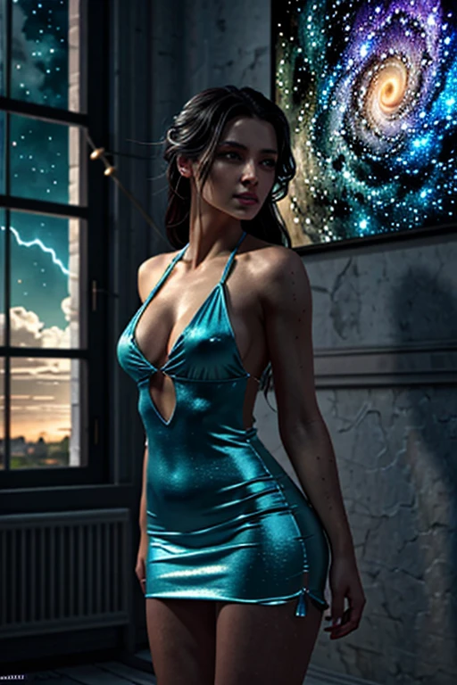 (RAW photo, best quality), (realistic, photo-Realistic:1.3), best quality, masterpiece, beautiful and aesthetic, 16K, (HDR:1.4), high contrast, (vibrant color:1.4), (muted colors, dim colors, soothing tones:0), cinematic lighting, ambient lighting, sidelighting, Exquisite details and textures, cinematic shot, Warm tone, (Bright and intense:1.2), wide shot, by xm887, ultra realistic illustration, siena natural ratio, half body view, very long curly black hair, blue bracelet, a white silk wraparound halter skintight tight revealing short micro mini dress, a beautiful Arabian model, Pale skin, icy eyeshadow, juicy lips, honey - colored eyes, Long Eyelashes, Hourglass body, thin waist, fantasy art, conceptual art, surrealism, renaissance painting, space, cosmic, colorful, galactic, thunderstorm, mysterious, tangled, vibrant, rococo, hyperrealism, Flemish baroque, bright neon Alberto Seveso, Igor Morski, Beksinski, Picasso, Broken T, Maze Background, Stunning, Ultra HD, Realistic, Vivid Colors, Highly Detailed, UHD Drawing, Pen and Ink, Perfect Composition, Beautiful and Detailed Insanely Detailed Octane Rendering, Trending in Artstation, Art Photography 8k, photorealistic concept art, smooth natural volumetric cinematic perfect light, Mysterious,Young beauty spirit ,Best face ever in the world
