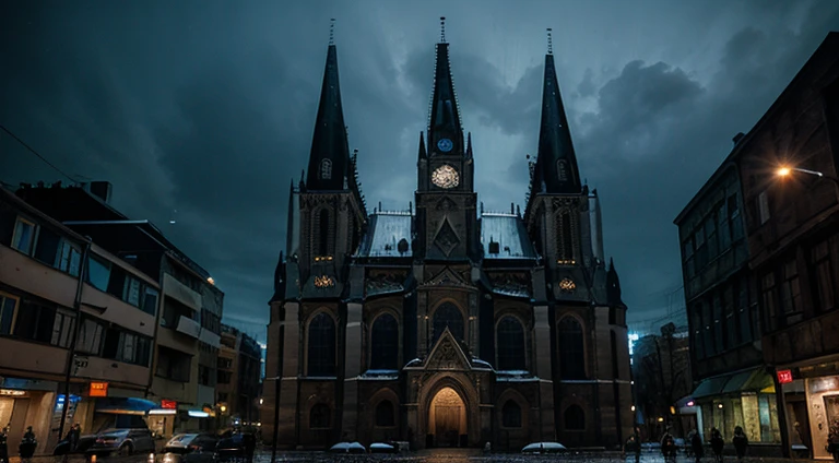 old sinister buildings in eastern Europe, night, rainy weather, bluish lighting, gothic cathedral