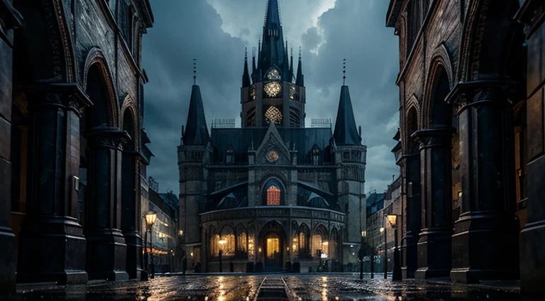 old sinister buildings in eastern Europe, night, rainy weather, bluish lighting, gothic cathedral
