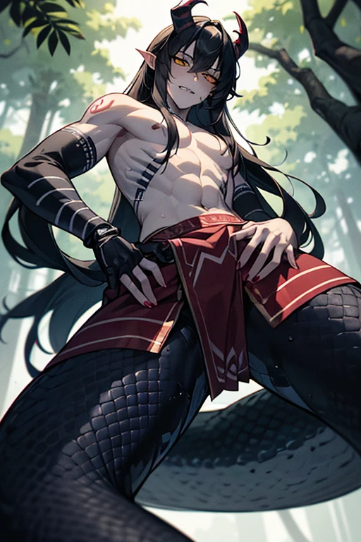cool, (sexy:1.3), Fascinating,Lamiaan image a drawing of a man whose lower body is a snake, 1boy, black scales, black snake, male focus, solo, (monster boy),(snake boy), lamia, kneeling, snake eyes, yellow eyes, (tsurime:1.0) , oni horns, teeth, (fang:1.0), sharp fangs, seductive smile, black hair, long hair, tired hair, cool, (sexy:1.3), Fascinating, Seducing Boy, topless, (pale skin), (sharp nails), (tribal tattoo:1.3) , (background in forest), (shoot from below), (from below:2), (A man seduces a woman), temptation, cinematic angle, masterpiece, best quality, high resolution, ultra-detailed