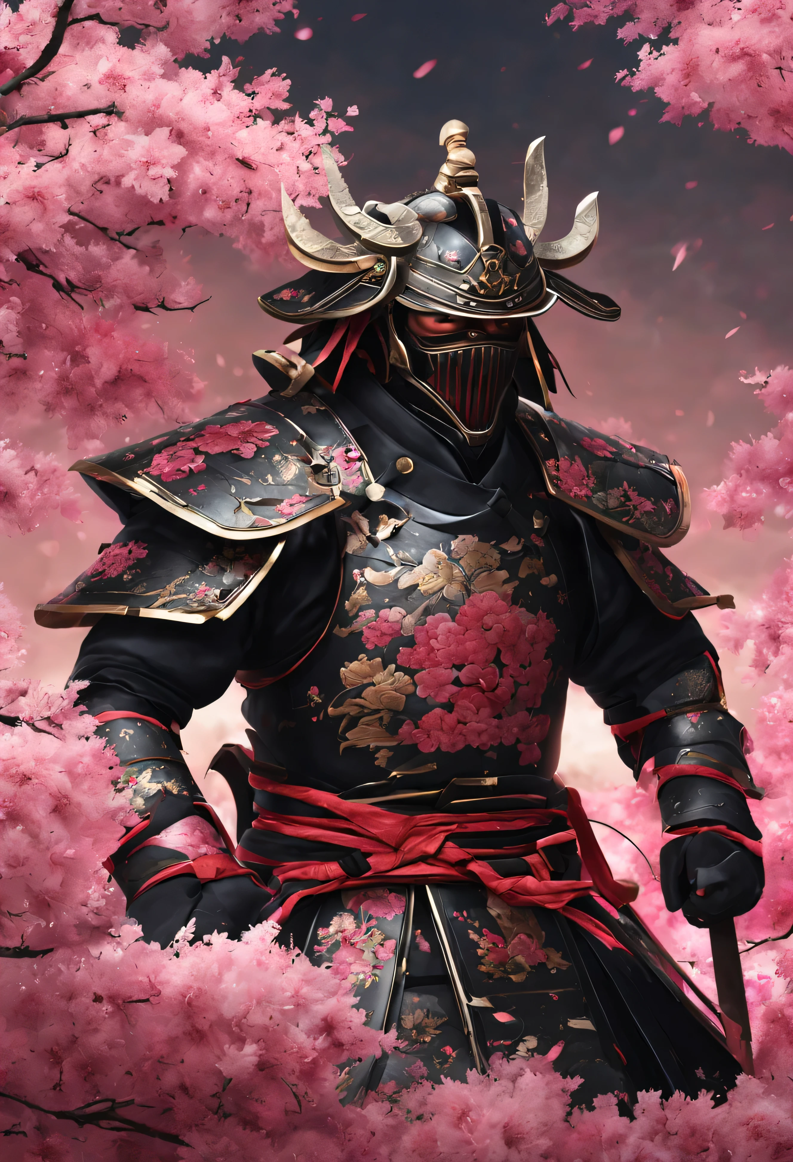 The most brave and noble samurai warrior, white hair, red eyes, wearing traditional Japanese samurai mask and incredibly detailed black samurai armor with mounted sashimono war flag, cherry blossoms, sakuras very detailed bright pink blowing in the wind, perfect masterpiece, high quality, 8k high resolution work of art high detailed face and armor with a meiji era back drop super detailed and colorful