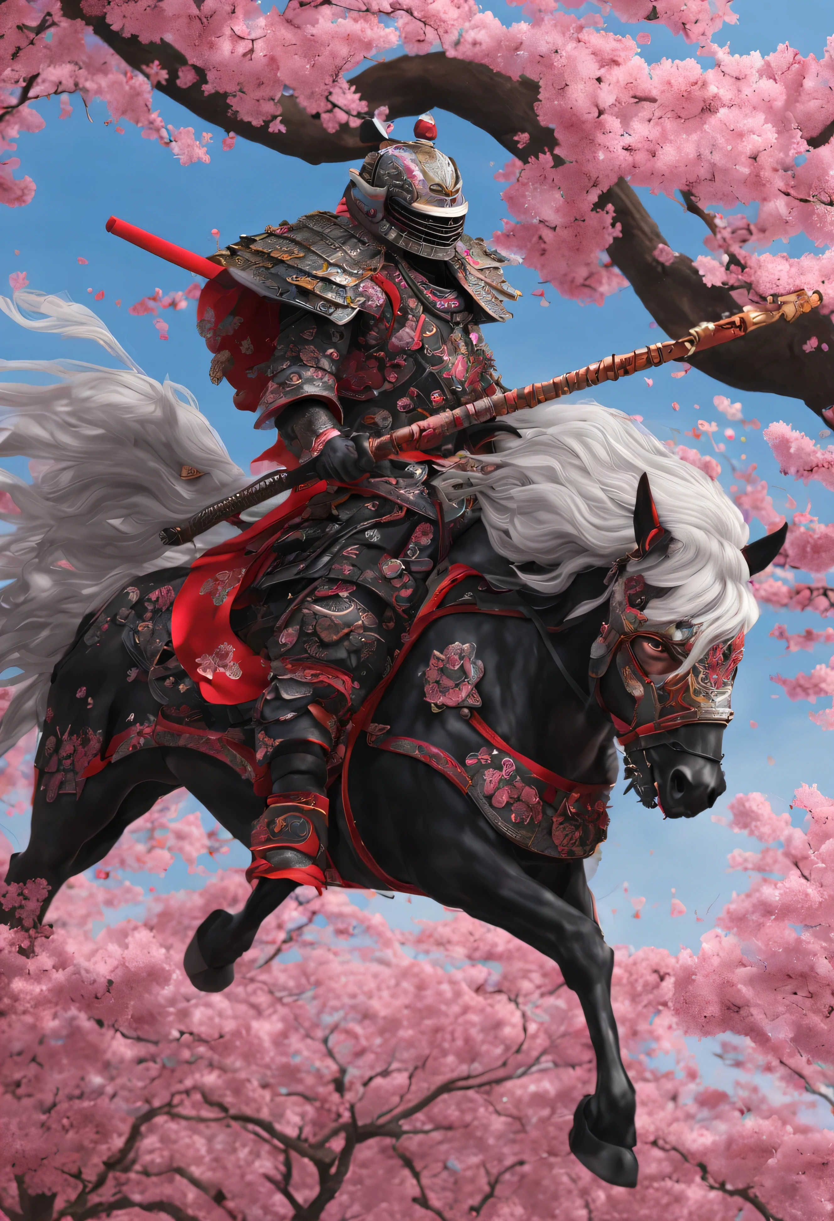 The most brave and noble samurai warrior, white hair, red eyes, wearing traditional Japanese samurai mask and incredibly detailed black samurai armor with mounted sashimono war flag, cherry blossoms, sakuras very detailed bright pink blowing in the wind, perfect masterpiece, high quality, 8k high resolution work of art high detailed face and armor with a meiji era back drop super detailed and colorful
