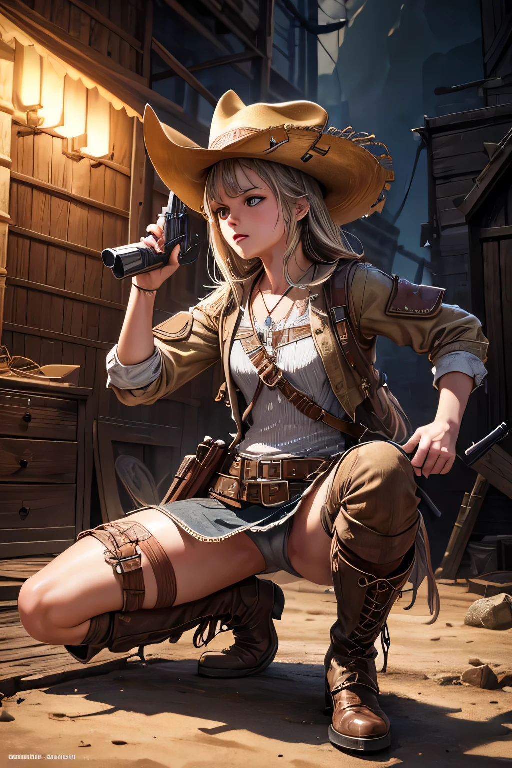 1girl, wild west setting, girl wears wild west Indiana Jones outfit, high boots, cowboy hat, armed with a gun, small breats, detailed face, combat stance, mean look, highly detailed, vibrant appearance, creative behavior, extremly detailed, imaginative, , spontaneous, highest quality, skin texture, intricate details, (cinematic lighting), RAW photo, 8k, masterpiece,best quality,ultra-detailed,very detailed illustrations,extremely detailed,intricate details,highres,super complex details,extremely detailed 8k cg wallpaper,