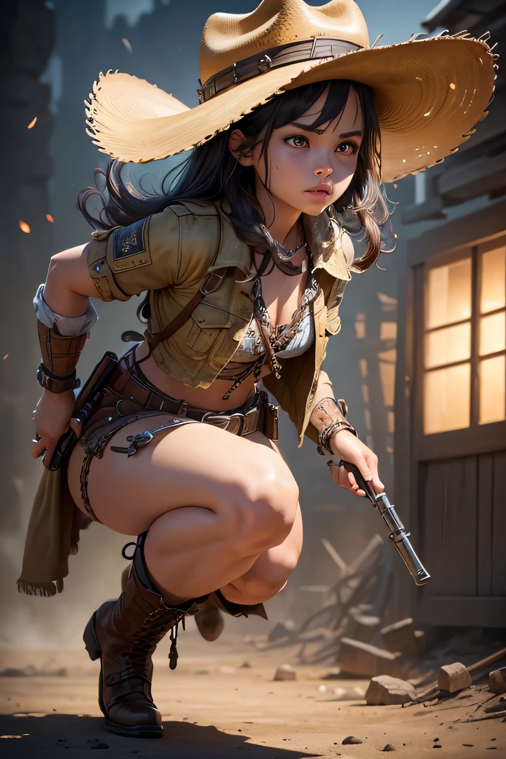 1girl, wild west setting, girl wears wild west Indiana Jones outfit, high boots, cowboy hat, armed with a gun, small breats, detailed face, combat stance, mean look, highly detailed, vibrant appearance, creative behavior, extremly detailed, imaginative, , spontaneous, highest quality, skin texture, intricate details, (cinematic lighting), RAW photo, 8k, masterpiece,best quality,ultra-detailed,very detailed illustrations,extremely detailed,intricate details,highres,super complex details,extremely detailed 8k cg wallpaper,