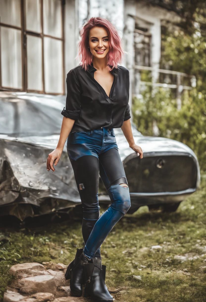 ultrarealistic high quality photo of a beautiful young busty european woman with cute face and brunette with dyed pink-white streaks long messy bob and beautiful smile, round steel-blue eyes, basic shirt with shiny black leggins and ankle boots, full body outdoor photography, relaxing in the living room