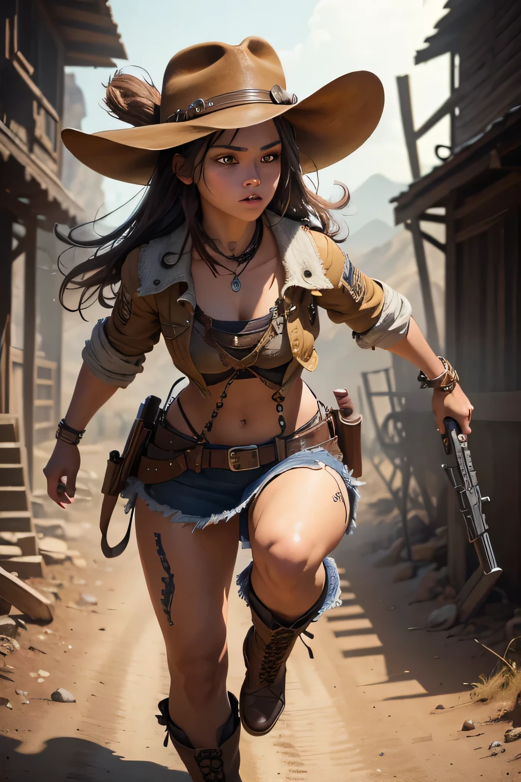 1girl, wild west setting, girl wears wild west Indiana Jones outfit, high boots, cowboy hat, armed with a gun, small breats, detailed face, combat stance, mean look, highly detailed, vibrant appearance, creative behavior, extremly detailed, imaginative, , spontaneous, highest quality, skin texture, intricate details, (cinematic lighting), RAW photo, 8k, masterpiece,best quality,ultra-detailed,very detailed illustrations,extremely detailed,intricate details,highres,super complex details,extremely detailed 8k cg wallpaper,