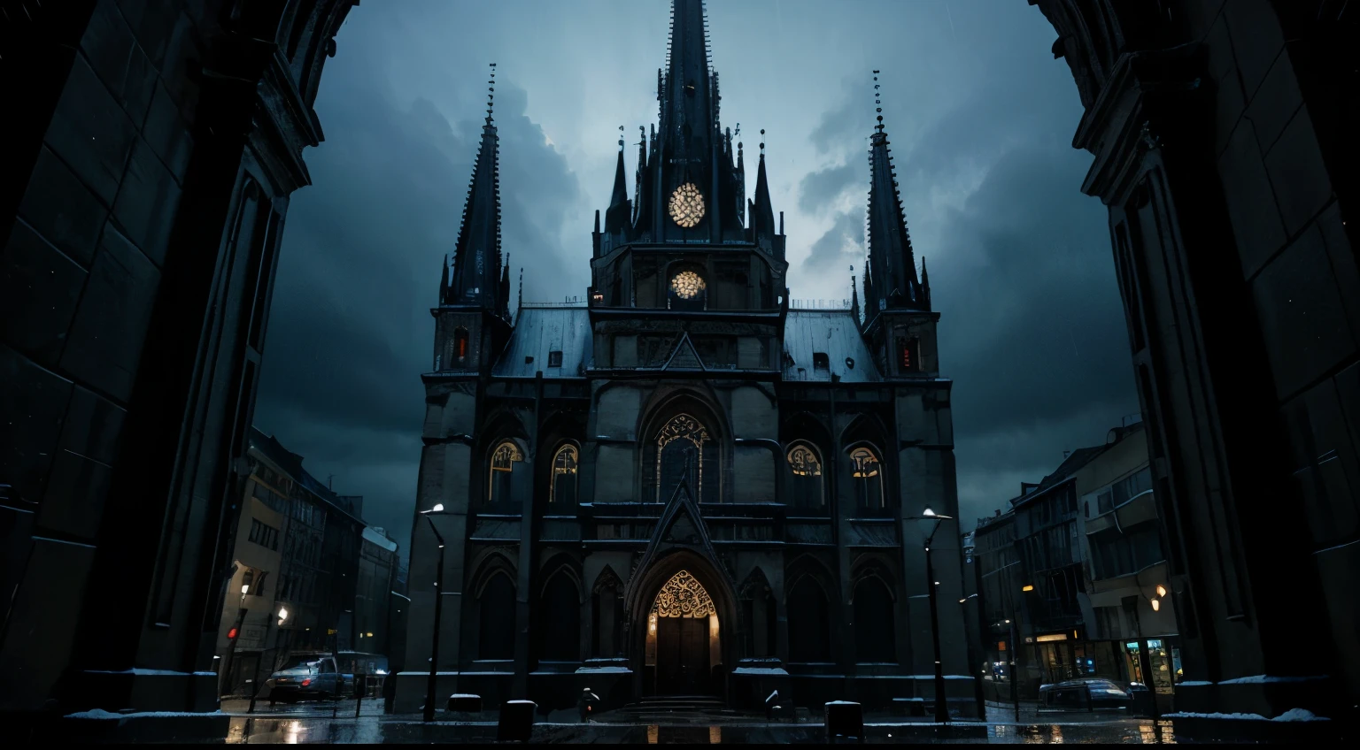 old sinister buildings in eastern Europe, night, rainy weather, bluish lighting, gothic cathedral, dark