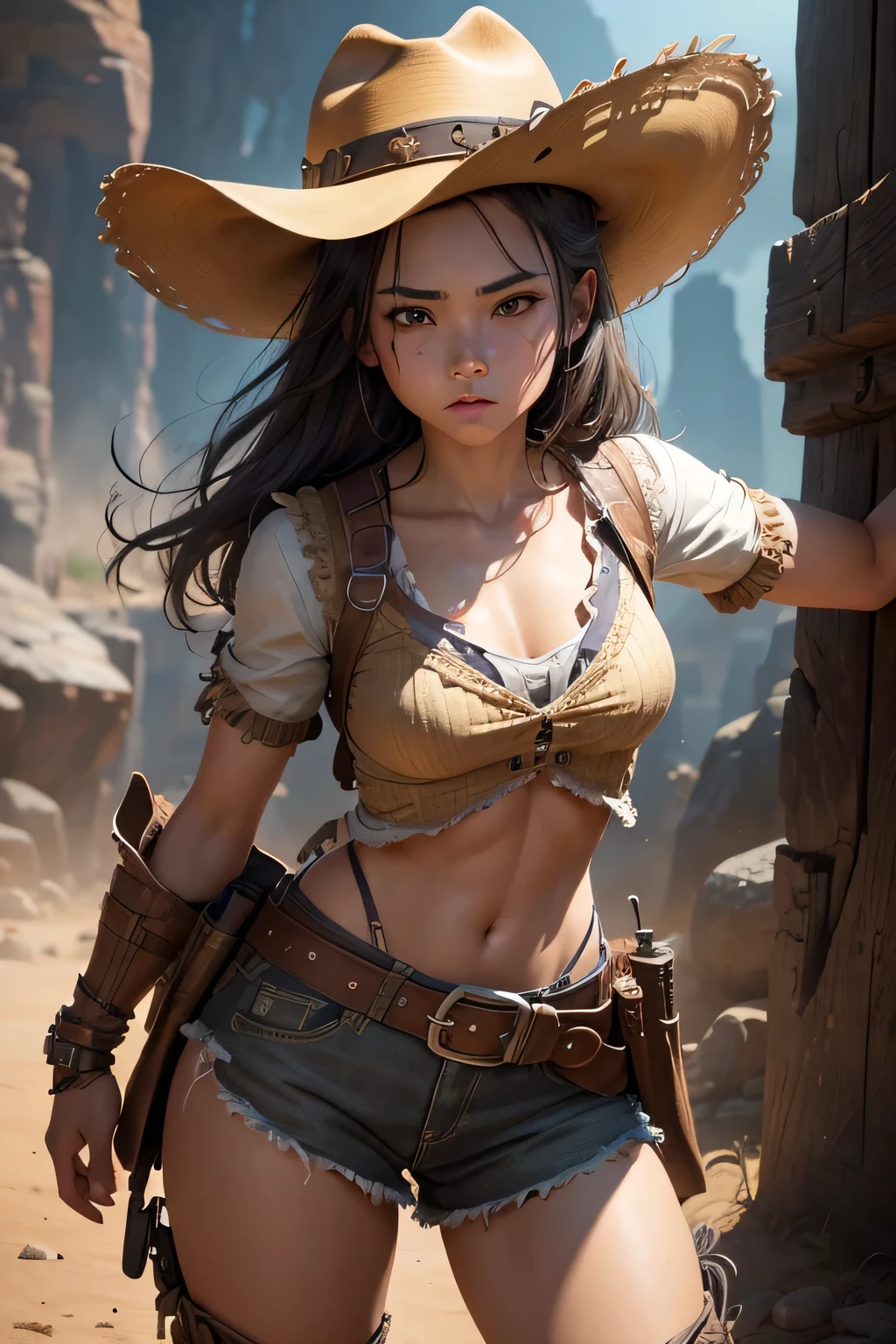 Alluring Beautiful android Cowgirl, Beautiful Wet Sweaty Skin, Amazing Athletic Toned Body, Lewd Cowprint Bikini, Leather Cowboy Hat, Skimpy Denim Shorts, exposed mechanical limbs, glowing parts, At A Desert Farm With Cactus Background, Western Theme, cyberpunk theme, Beautiful Face, Ominous Gothic Theme, Fiverr Dnd Character, Octane Render, Digital Art, Extreme Detail, 4k, Ultra Hd, Polished, Beautiful, Hyperdetailed, Intricate, Elaborate, Meticulous, Photorealistic, Sharp Focus, Wlop, Character Design, Unreal Engine, 3d Rendered, Volumetric Lighting, Reflections, Glossy, Digital Illustration, Pose, Suggestive Pose, Lewd, Full Body Shot, large breasts, anatomically correct 💖❤💕💋❣