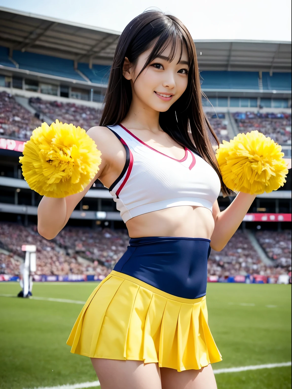Ala Fed Asian cheerleader holding pom pom in stadium, gros-plan, gros-plan, Photo, Anime , Small breasts, RAW Photo, Best Quality, High resolution, (masutepiece), (Photorealistic:1.4), professional Photography, Sharp Focus, nffsw, 8K resolution, Intricate details, depth of fields, Highly detailed CG Unity 8k wallpaper, Front light, NSFW, Woman, girl, beautiful supermodel, Smile, slender, Small Cheer Uniform, yellow