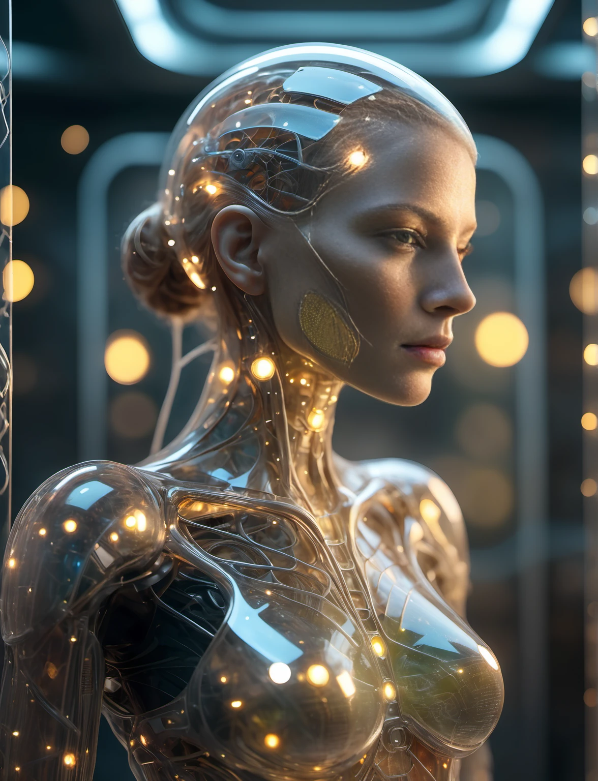 mesmerizing realistic photo of a (cybernetic female figure made entirely of otherworldly luminescent and translucent materials:1.05) (trying to pull on the artificial skin over cybernetic implants:1.2), see-through body, veins and bones visible through translucent tissues and transparent skin, intricate tissue details, detailed vegetables, early morning natural soft light, translucent bio-luminescent materials, ultra-realistic, (Voronoi pattern, depth of field, (swirly bokeh:1.275), (Kodak Portra 400:0.875) :1.15), (realistic complex futuristic background, lots of futuristic cooking devices:1.1), shiny glass, (rim lighting, low key light:1.15), celestial, ethereal, epic, magical light flares, natural soft dreamy lighting, ((warm-yellow and deep-carbon:0.7), (cinematic look:1.15):1.15)