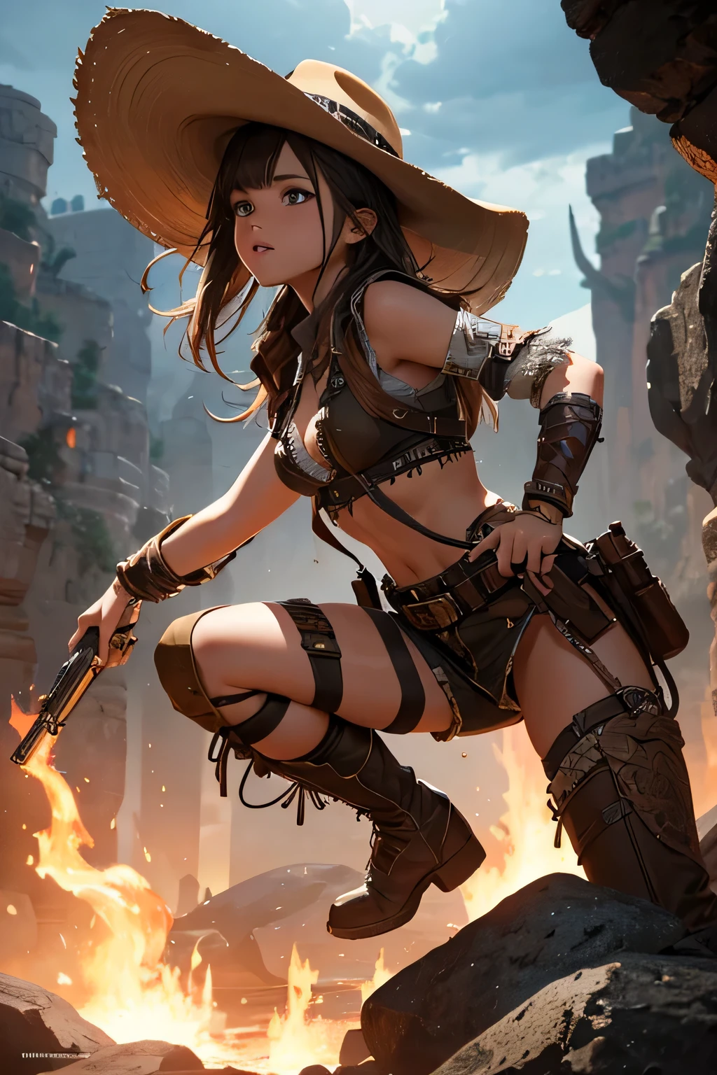 1girl, wild west setting, girl wears wild west Indiana Jones outfit, high boots, cowboy hat, armed with a gun, small breats, detailed face, combat stance, mean look, highly detailed, vibrant appearance, creative behavior, extremly detailed, imaginative, , spontaneous, highest quality, skin texture, intricate details, (cinematic lighting), RAW photo, 8k, masterpiece,best quality,ultra-detailed,very detailed illustrations,extremely detailed,intricate details,highres,super complex details,extremely detailed 8k cg wallpaper,
