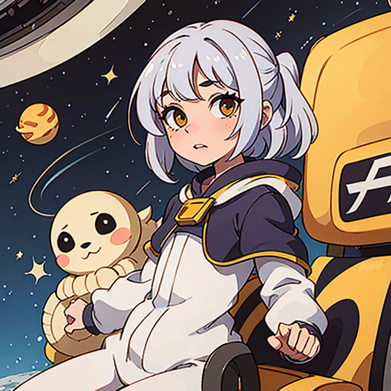 Menina de cabelo branco de cabelo curto , with yellow eyes wearing a train driver's outfit in space and sad