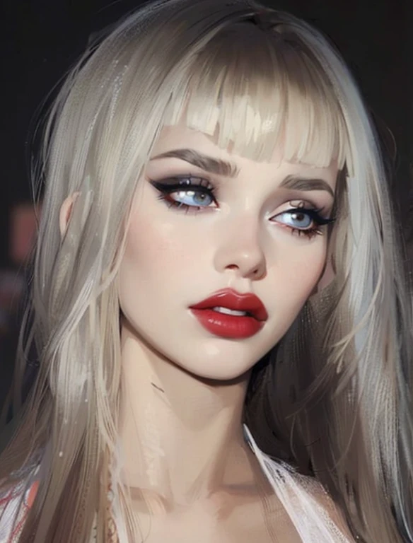 a close up of a woman with long blonde hair and red lipstick, sexy face with full makeup, wide golden eyes and red lips, pop makeup style, white bangs, portrait of kim petras, faint red lips, blonde hair and large eyes, red lipstick on face, with full bangs, big eyes and lips, thick red lips, center parted bangs
