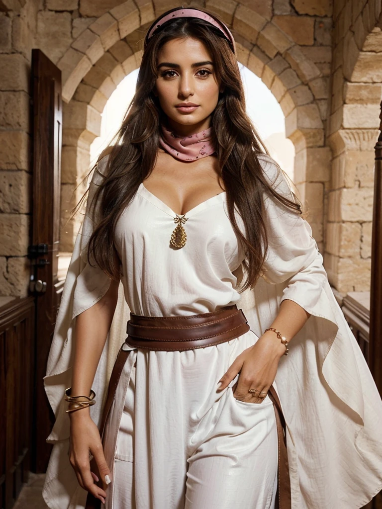 A charming and beautiful, fantasy medieval arabic woman with tan skin looks like Penelope Cruz, long wild wavy dark hair that she tied with a (turban:0.8) like muted pink bandana and sash, and dark brown eyes. she wears white and arab dress with leather bracers, and wearing Aladdin style pants, with daggers and bow