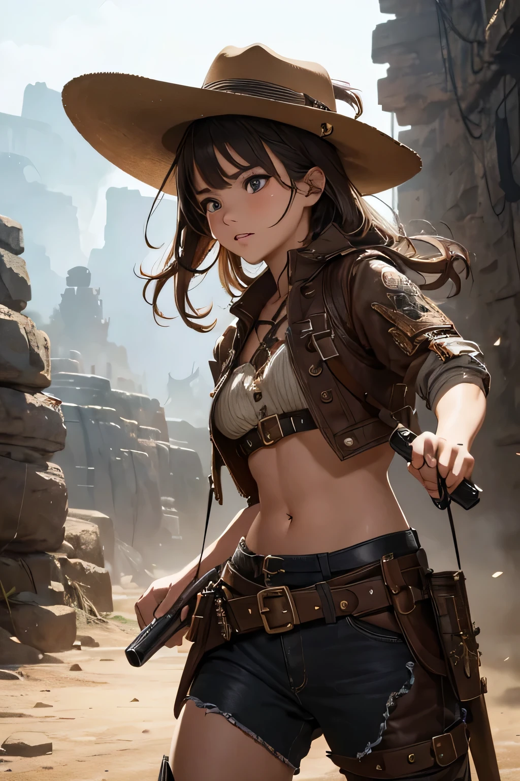 1girl, wild west setting, girl wears wild west Indiana Jones outfit, high boots, cowboy hat, armed with a gun, small breats, detailed face, combat stance, mean look, highly detailed, vibrant appearance, creative behavior, extremly detailed, imaginative, , spontaneous, highest quality, skin texture, intricate details, (cinematic lighting), RAW photo, 8k, masterpiece,best quality,ultra-detailed,very detailed illustrations,extremely detailed,intricate details,highres,super complex details,extremely detailed 8k cg wallpaper,