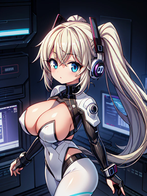 4K,hight resolution,One Woman,White blonde hair,poneyTail,head phone,Colossal tits,ninjartist,White Cybersuit,Cyberpunk Handgun,underground city