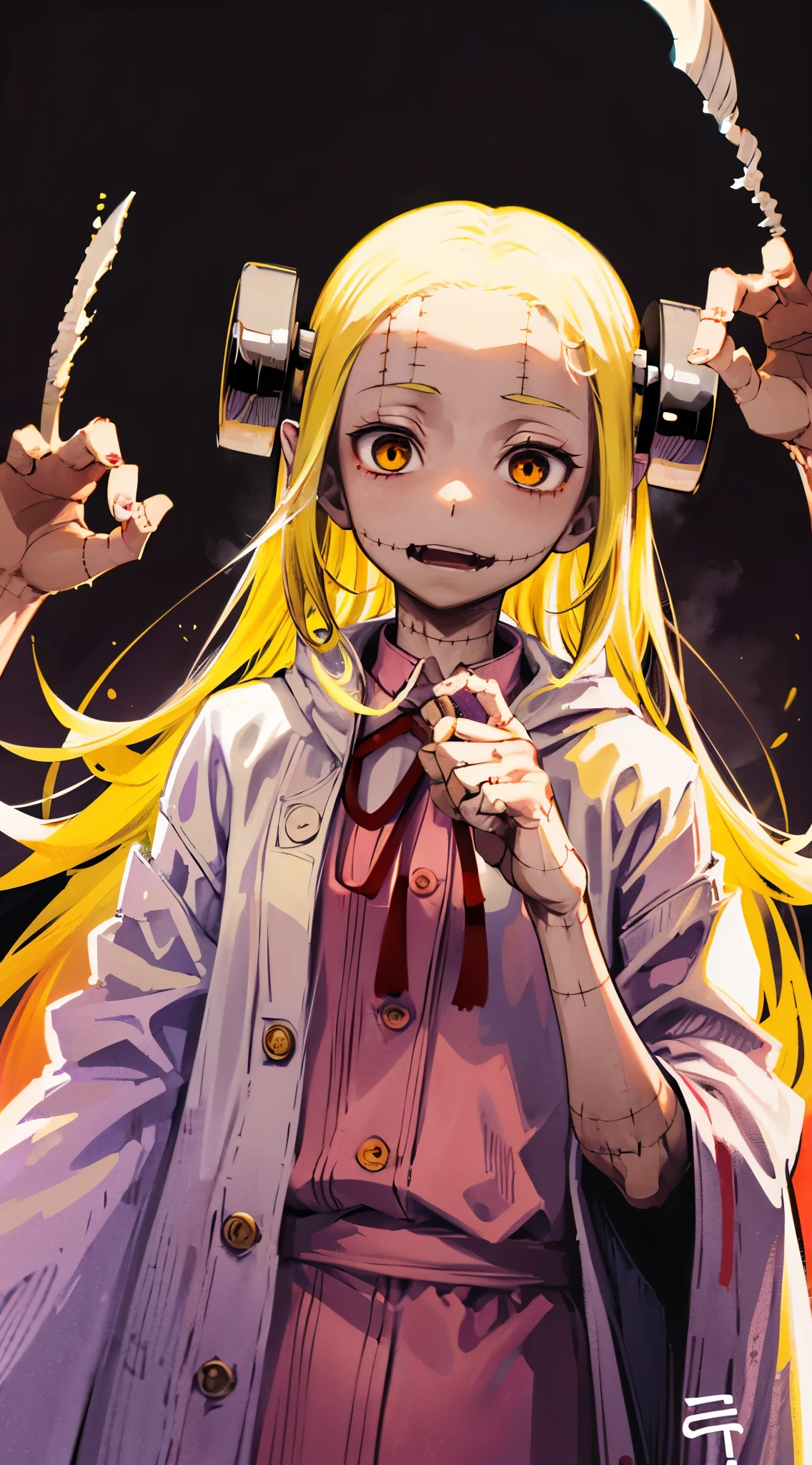Madaraki_Fran,A  girl ,stands,the madhatter ,white robe ,wrinkles,concerned,((covers his ears)), hairlong , yellow hair,seams , Scars on the body , A creepy look , scary eyes , An intimidating look , creepy smile , bags under eyes, ((((Painful))))