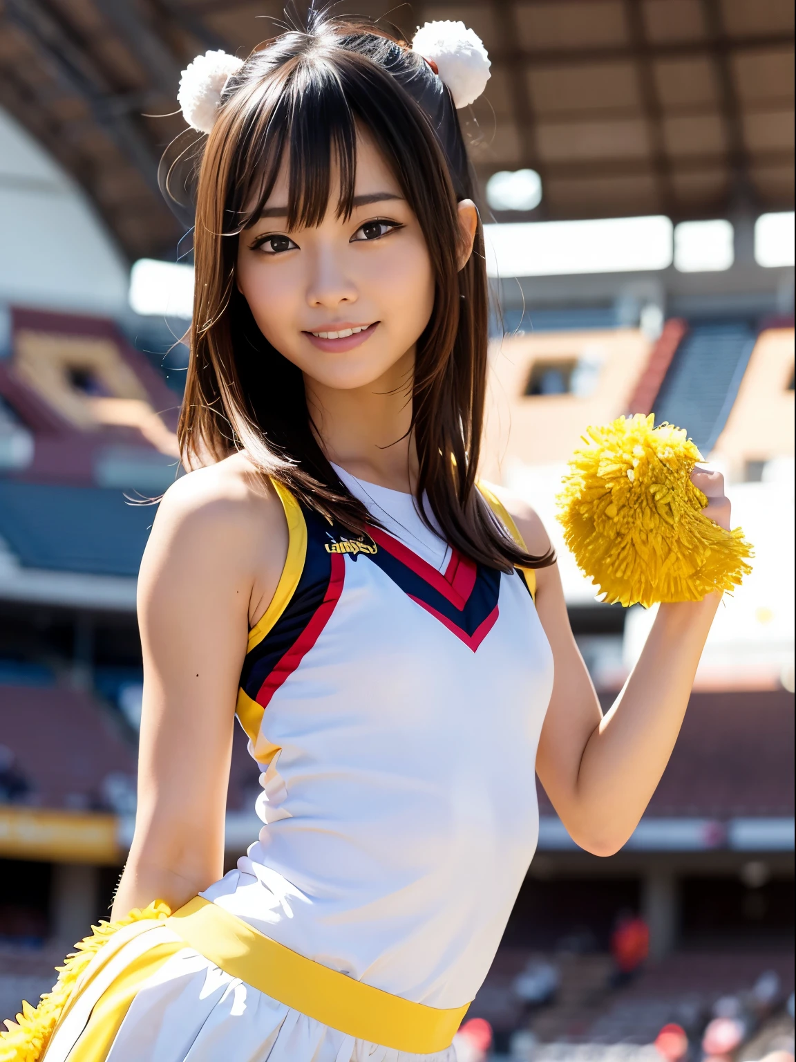 Ala-Fed Asian cheerleader posing dynamically with pom-pom in stadium, close-up, cosplay photo, anime cosplay, small breasts, RAW photo, Best Quality, High Resolution, (Masterpiece), (Photorealism:1.4), Professional Photography, Sharp Focus, HDR, 8K Resolution, Complex Details, Depth of Field, Highly detailed CG Unity 8k wallpaper, front light, NSFW, woman, girl, beautiful supermodel, smile, slender, small cheer uniform, yellow, marie rose, sailor suit