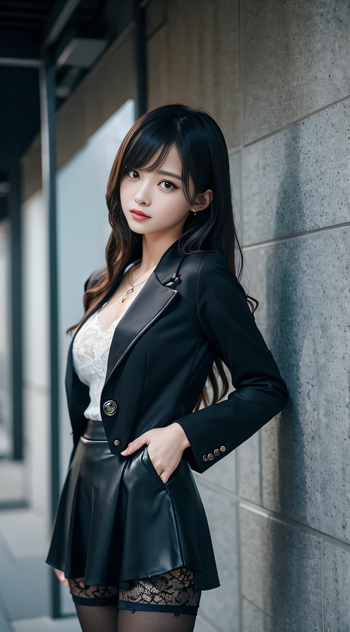 Top Quality, Masterpiece, 1 Girl, Beautiful Face, (Photorealistic Photos:1.3), Rim Lighting, (High Detail Skin:1.2), 8K UHD, DSLR, High Quality, High Definition, 4K, 8K, Bokeh, (Real: 1.3), Small Face, Cute One Girl, Black Formal Blazer, Middle Breast, Short Skirt,Office