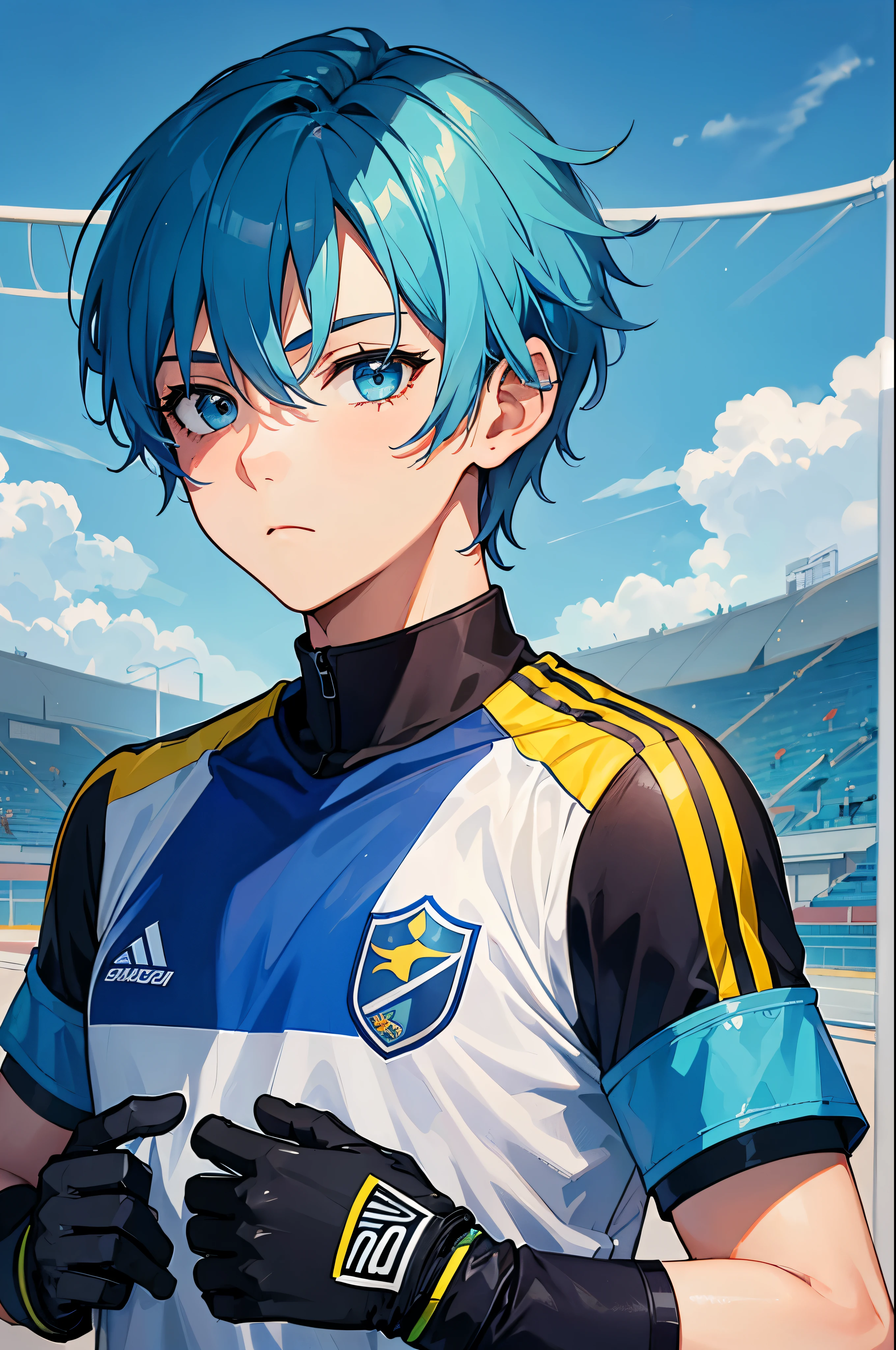 (1st grade,masculino),(goleiro),(goleiro gloves),uniforme de futebol,cabelos azuis,aquamarine eyes,Campo de futebol