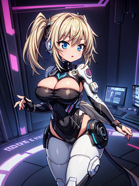 4K,hight resolution,One Woman,White blonde hair,poneyTail,head phone,Colossal tits,ninjartist,White Cybersuit,Cyberpunk Handgun,underground city