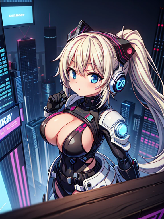 4K,hight resolution,One Woman,White blonde hair,poneyTail,head phone,Colossal tits,ninjartist,White Cybersuit,Cyberpunk Handgun,underground city