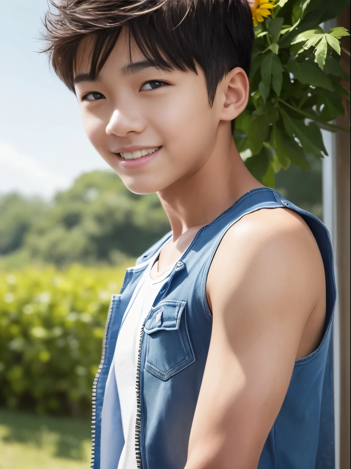 Best Quality, Ultra High Resolution, (Realistic:1.4), Masterpiece, Blurred Background ,Muscle, Solo, 1 Boy, Young , Standing, White Skin, Wearing Black Shirt, Assuming, Facial Focus, Smile, Shut Up, Walk Through the Trees of the City