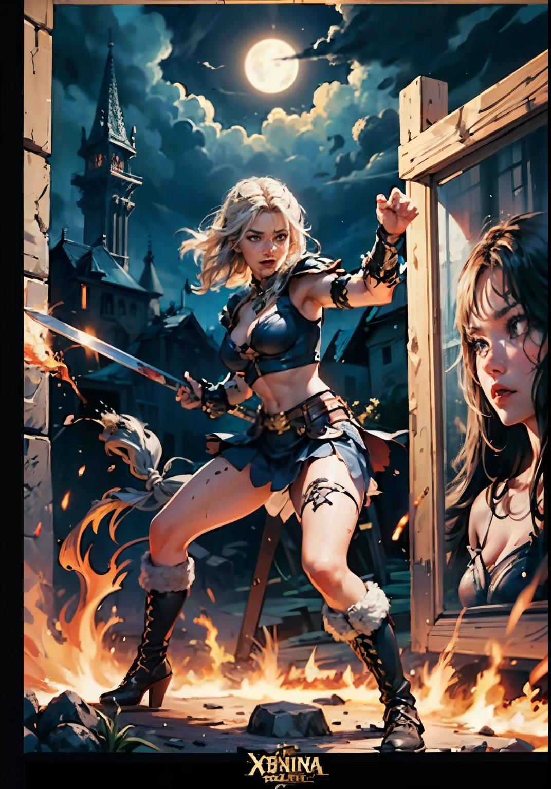 (masterpiece), best quality, expressive eyes, perfect face, ((warrior woman poster)), ((red sonja warrior in fighting pose)), ((poster includes army fighting in the background)), 8k, blood on skin, mandala tattoos, full body , dark cloudy sky with lightning, ((dynamic poster)), ((full moon)), ((movie poster)), full war woman in combat stance, soft play of light and shadow, war scene, war woman variety of small details in the background, random, hyper detailed, trend in artstation, intricate details, highly detailed, metal high heel boots, high heel boots, evil laugh, slight ironic smile. digital painting, perfect result, HDR, illustration, very image clear, evocative, striking, fluorescent light, side angle perspective, perfect face, front view of perfect face, woman warrior, sword in left hand, little clothing, steel bracelet, silver bracelet, bronze belt, woman with very long hair moved by the wind, night light, cloudy sky, dark clouds with lightning, mountain, castle embedded in the mountain rock, waterfall coming out of the castle, beautiful warrior, skin wet with sweat, flushed and panting face, provocative look, full female body, water-wet skin, stormy sky, floating antique clock, lamp, lantern, tattoos of mandalas and flowers on the body, majestic, feeling of depth (athletic physique: 1.5), emerald eyes ( vibrant: 1.5), brown hair (vibrant: 1.5), UHD, HDR, cinematic image, intricate details, ultra-realism, viridian tones, medieval castle embedded in the mountain, full moon, (fractal art: 1.3), colorful , metallic colors, enamel colors, NSFW, run and dodge, fighting pose, beautiful warrior woman in combat, front view, girl seen from the war front, fighting expression, finely drawn hands; By Artgerm, full female body centered on the scene, dark clouds and lightning, magic lights, magic particles, ((Xena warrior)), metal high heel boots, high heel boots, vagina on display, beautiful vagina, beautiful breasts on display, poster cinema,