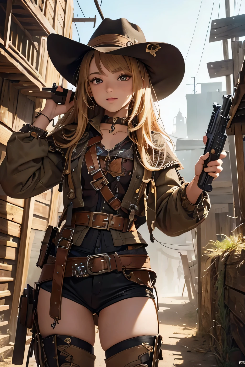 1girl, wild west setting, girl wears wild west Indiana Jones outfit, high boots, cowboy hat, armed with a gun, small breats, detailed face, combat stance, mean look, highly detailed, vibrant appearance, creative behavior, extremly detailed, imaginative, , spontaneous, highest quality, skin texture, intricate details, (cinematic lighting), RAW photo, 8k, masterpiece,best quality,ultra-detailed,very detailed illustrations,extremely detailed,intricate details,highres,super complex details,extremely detailed 8k cg wallpaper,