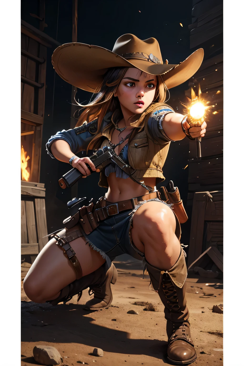 1girl, wild west setting, girl wears wild west Indiana Jones outfit, high boots, cowboy hat, armed with a gun, small breats, detailed face, combat stance, mean look, highly detailed, vibrant appearance, creative behavior, extremly detailed, imaginative, , spontaneous, highest quality, skin texture, intricate details, (cinematic lighting), RAW photo, 8k, masterpiece,best quality,ultra-detailed,very detailed illustrations,extremely detailed,intricate details,highres,super complex details,extremely detailed 8k cg wallpaper,