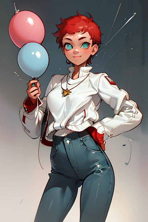 (Masterpiece: 1.5, Best quality, High resolution: 1.3, Super resolution, Super detailed, Ultra detailed: 1.3, Rich background: 1.2, 1 girl)) pale skin + short red hair + green eyes + long eyelashes + covering bangs eyes + androgynous body + band-aid on right cheek (white shirt, leather jacket, ripped jeans, white vans, star necklace, tomboy style) ((animated smile, pose holding a balloon approaching the viewer) (colors used: white, light blue, red, black, grey,)