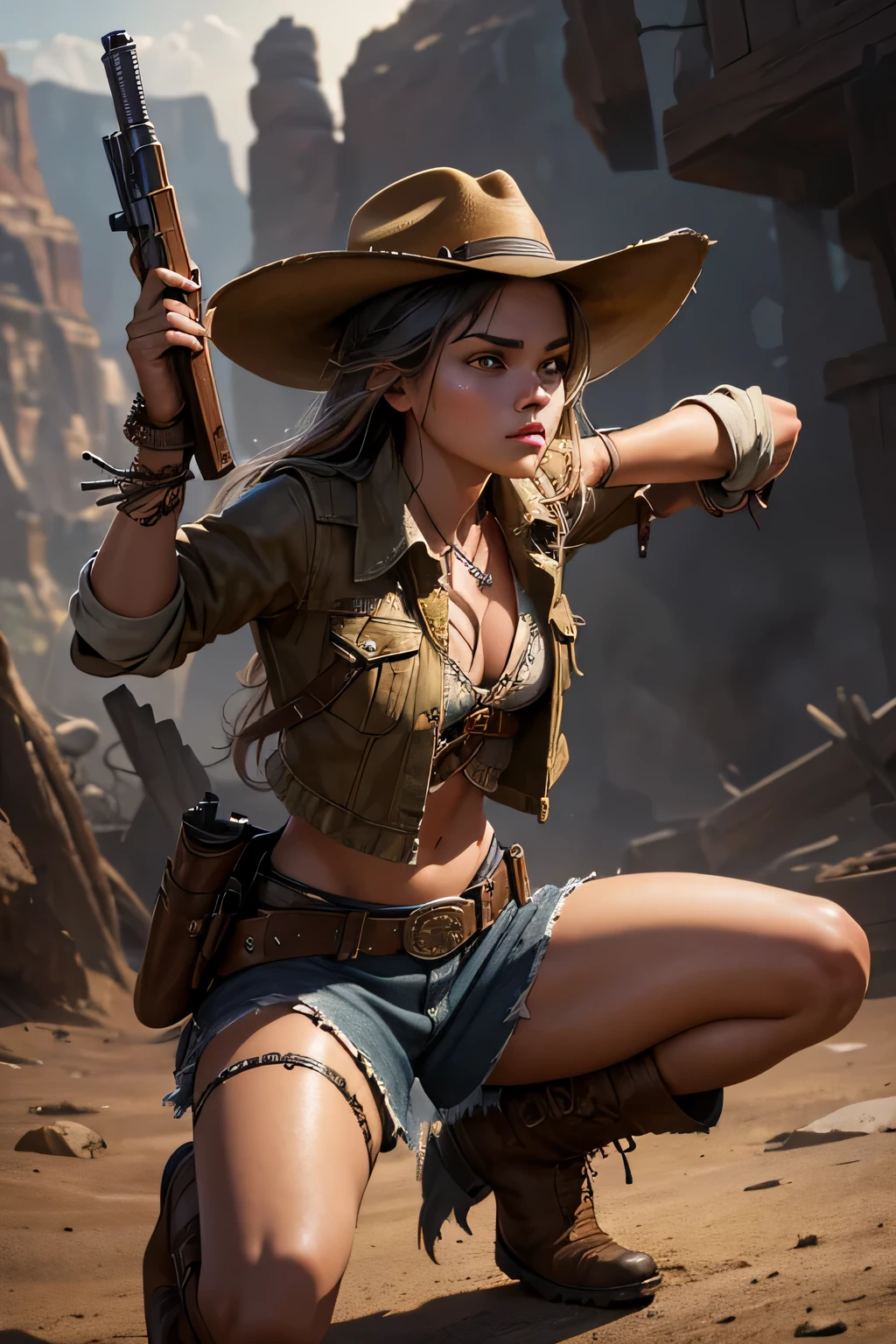 1girl, wild west setting, girl wears wild west Indiana Jones outfit, high boots, cowboy hat, armed with a gun, small breats, detailed face, combat stance, mean look, highly detailed, vibrant appearance, creative behavior, extremly detailed, imaginative, , spontaneous, highest quality, skin texture, intricate details, (cinematic lighting), RAW photo, 8k, masterpiece,best quality,ultra-detailed,very detailed illustrations,extremely detailed,intricate details,highres,super complex details,extremely detailed 8k cg wallpaper,