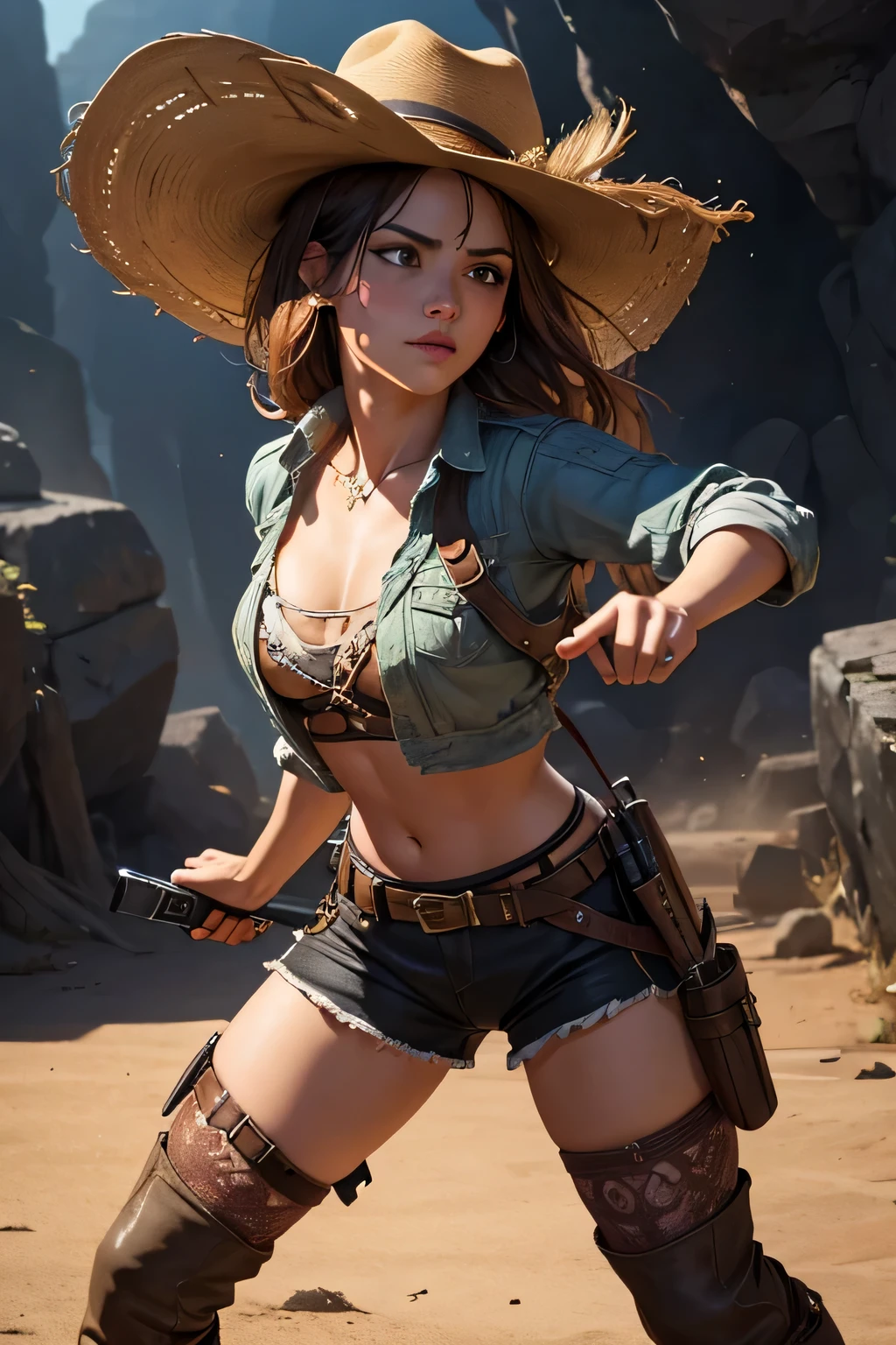 1girl, wild west setting, girl wears wild west Indiana Jones outfit, high boots, cowboy hat, armed with a gun, small breats, detailed face, combat stance, mean look, highly detailed, vibrant appearance, creative behavior, extremly detailed, imaginative, , spontaneous, highest quality, skin texture, intricate details, (cinematic lighting), RAW photo, 8k, masterpiece,best quality,ultra-detailed,very detailed illustrations,extremely detailed,intricate details,highres,super complex details,extremely detailed 8k cg wallpaper,