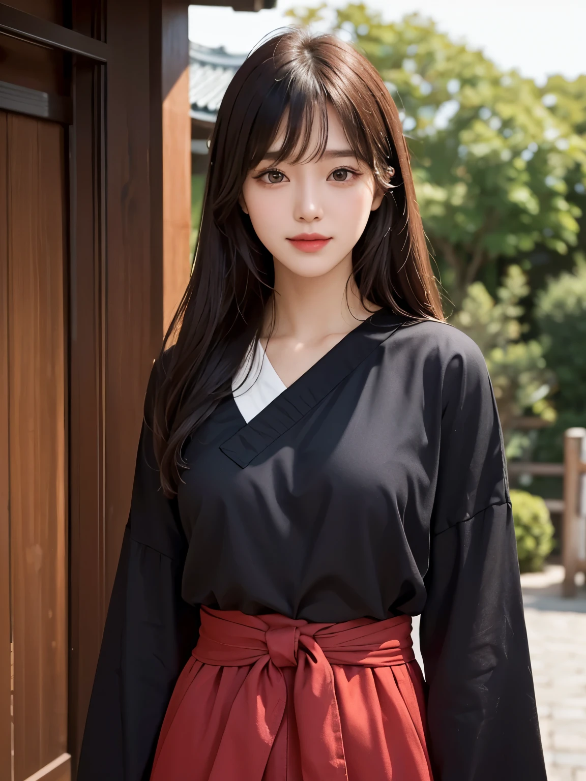 masterpiece, The highest image quality, hightquality, beautiful a girl, , Japan schoolgirl, Popular Korean Makeup, detaileds, Swollen eyes, detailedsな目, detailedsな肌, Beautiful skins, 超hight resolution, (现实:1.4), very extremely beautiful, Slightly younger face, Beautiful skins, slender, (A hyper-realistic), (illustratio), (hight resolution), (8K), (非常にdetaileds), (最高のillustratio), (美しくdetailedsな目), (超detaileds), (wall-), (detaileds顔), looking at the viewers, finely detail、detailedsな顔、pureerosfaceace_v1、a smile、Looking straight ahead、Looking straight aheale from waist up、life-like、Bright lighting、profetional lighting、A dark-haired(Some greenery)、length hair、Dark ruinig Red Moon、Gorgeous red and black dress、a matural female、long stylish bangs、