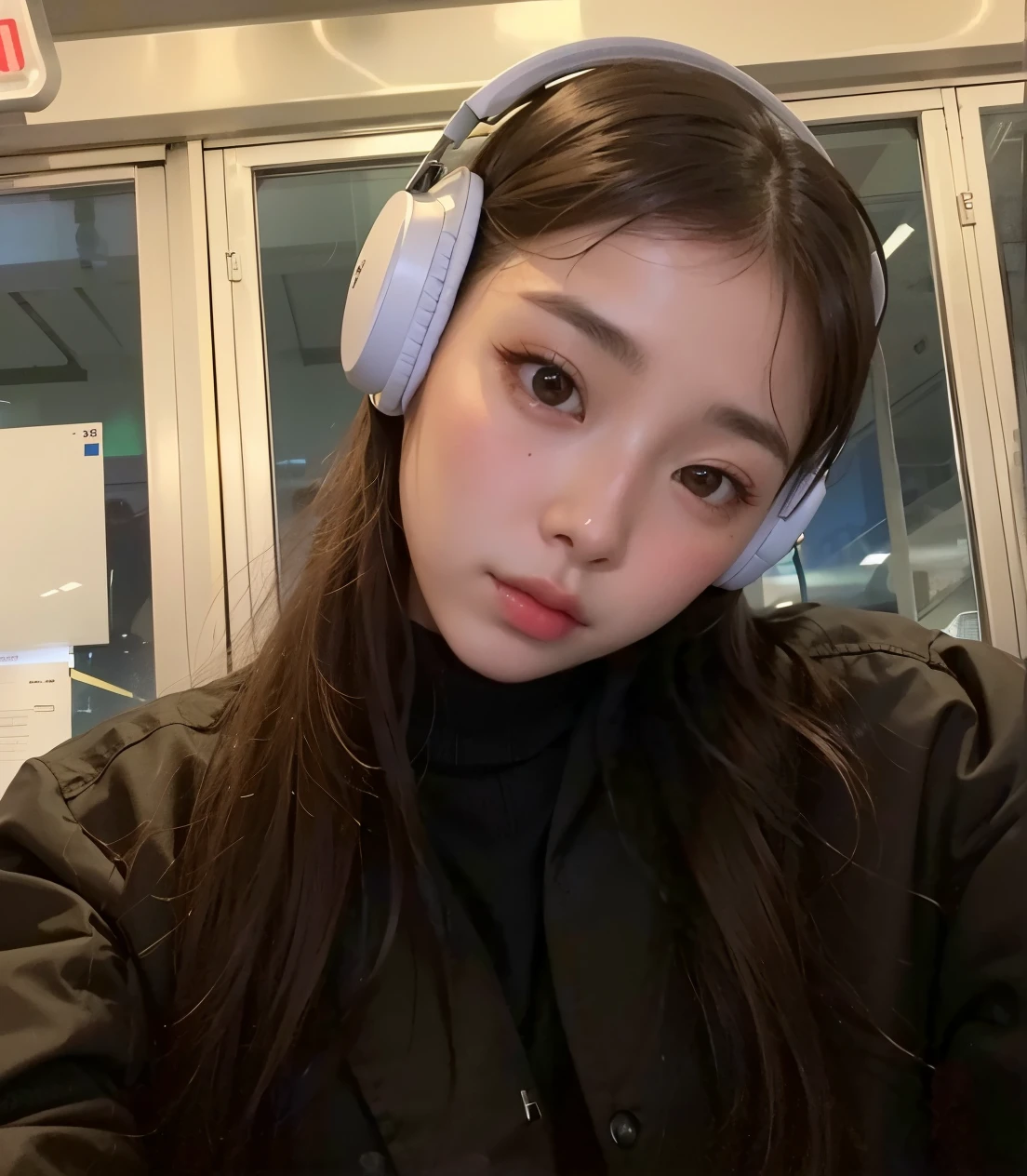 there is a woman wearing headphones and a jacket sitting on a train, menina coreana, young adorable korean face, Ulzzang, beautiful south Mulher coreana, com fones de ouvido, korean face features, Mulher coreana, wan adorable korean face, com fones de ouvido, beautiful young Mulher coreana, Jaeyeon Nam, gorgeous young Mulher coreana, com rosto redondo, 18 anos