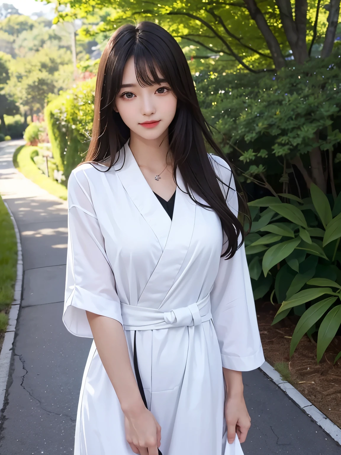 masterpiece, The highest image quality, hightquality, beautiful a girl, , Japan schoolgirl, Popular Korean Makeup, detaileds, Swollen eyes, detailedsな目, detailedsな肌, Beautiful skins, 超hight resolution, (现实:1.4), very extremely beautiful, Slightly younger face, Beautiful skins, slender, (A hyper-realistic), (illustratio), (hight resolution), (8K), (非常にdetaileds), (最高のillustratio), (美しくdetailedsな目), (超detaileds), (wall-), (detaileds顔), looking at the viewers, finely detail、detailedsな顔、pureerosfaceace_v1、a smile、Looking straight ahead、Looking straight aheale from waist up、life-like、Bright lighting、profetional lighting、A dark-haired(Some greenery)、length hair、Dark ruinig Red Moon、Gorgeous red and black dress、a matural female、long stylish bangs、